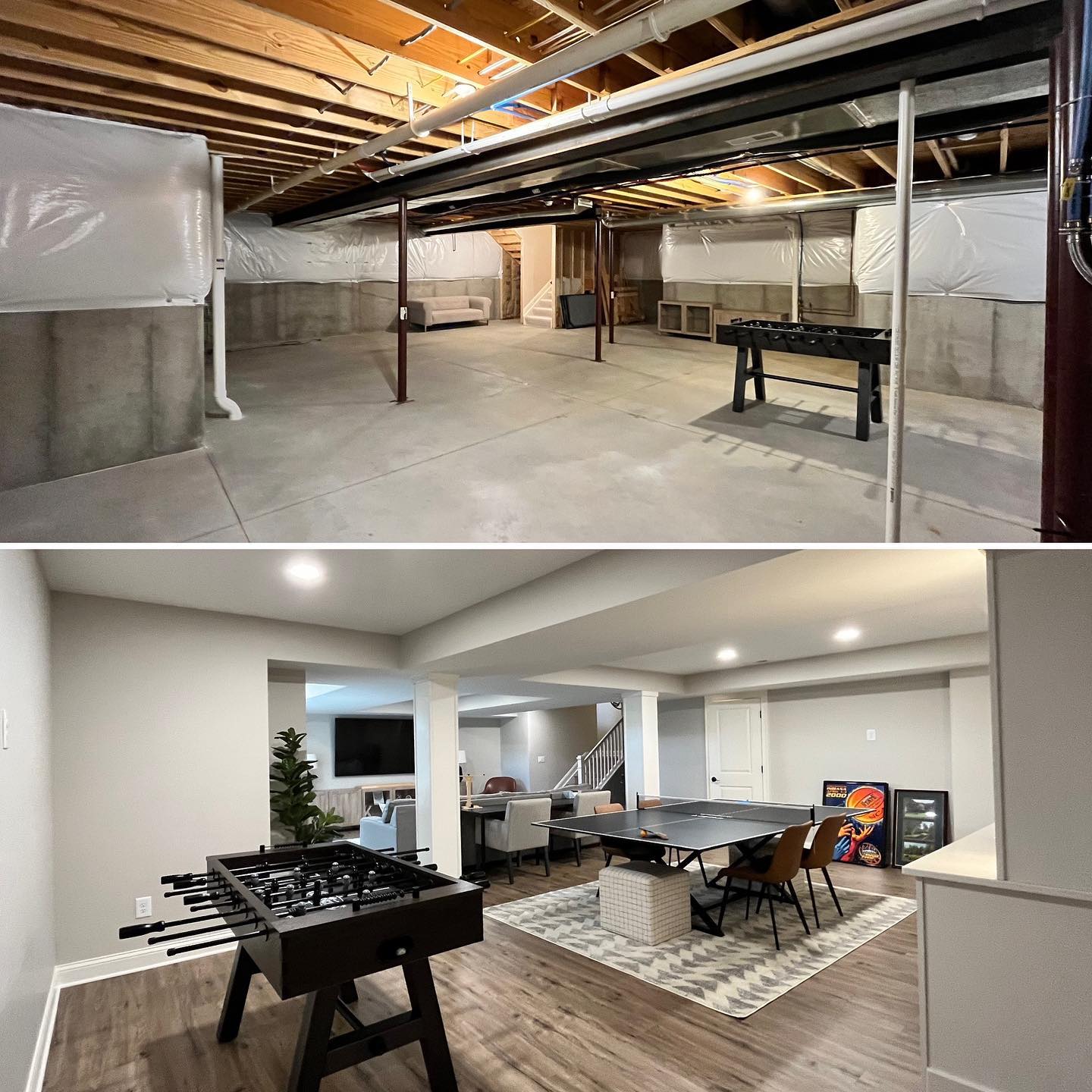 Top: An unfinished basement with exposed pipes and minimal furnishings. Bottom: A finished basement with a foosball table, dining area, and additional seating, featuring a modern decor.