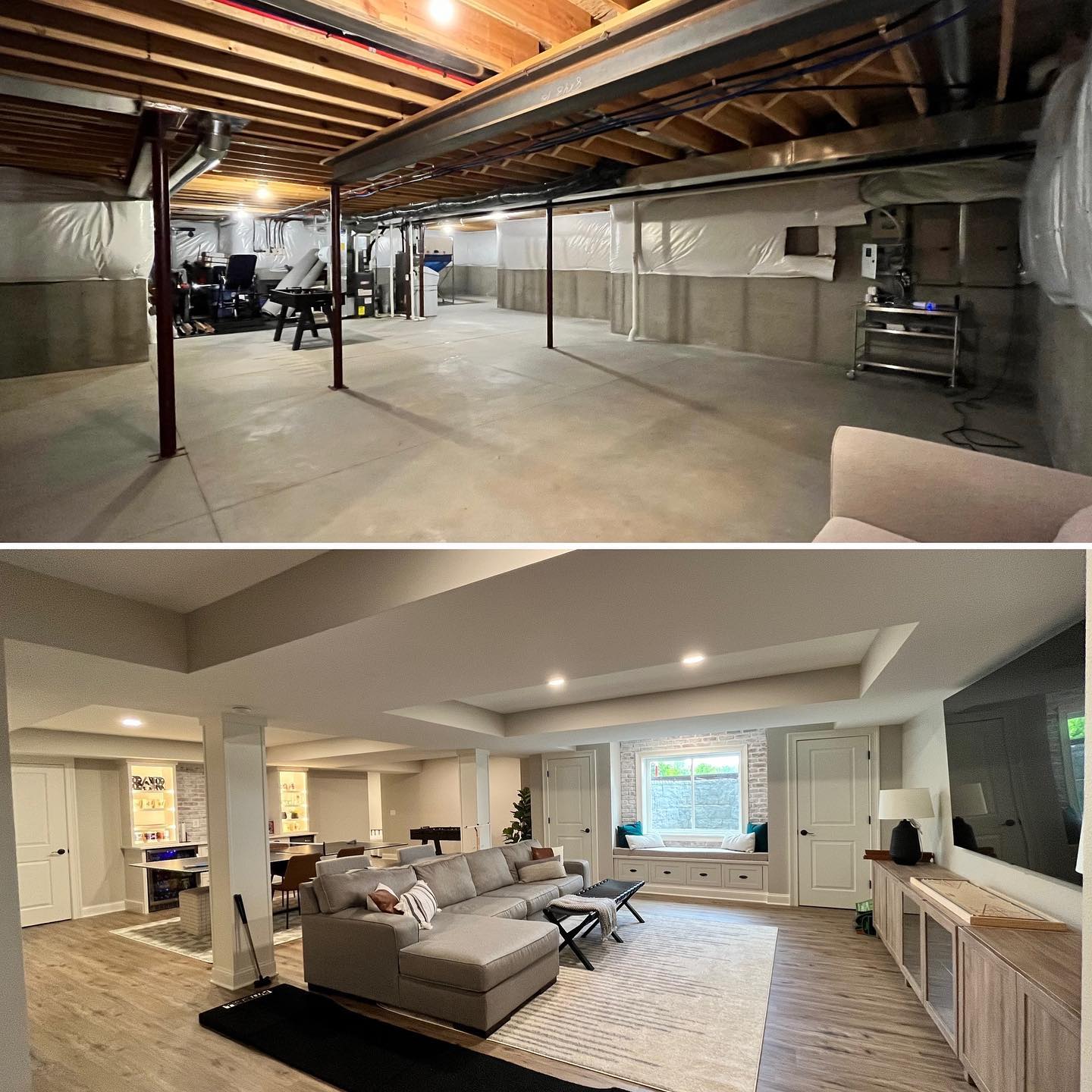 Top image: an unfinished basement with visible pipes and concrete floor. Bottom image: a finished basement with modern decor, featuring a sectional sofa, bar area, and natural light from windows.